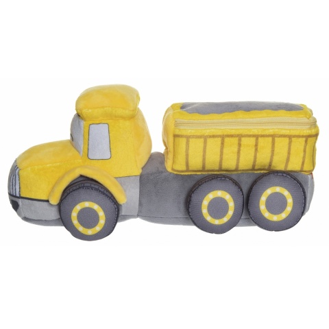 Pluszak ciężarówka z wywrotką i schowkiem, miękka maskotka żółta 30 cm